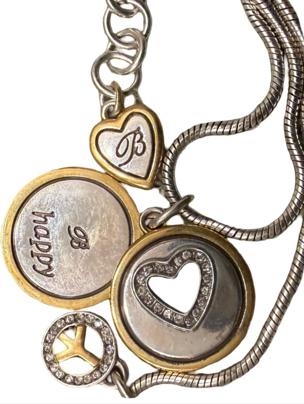 Brighton Be Happy Heart Peace Sign Charm Necklace Two Tone Silver Gold Metal